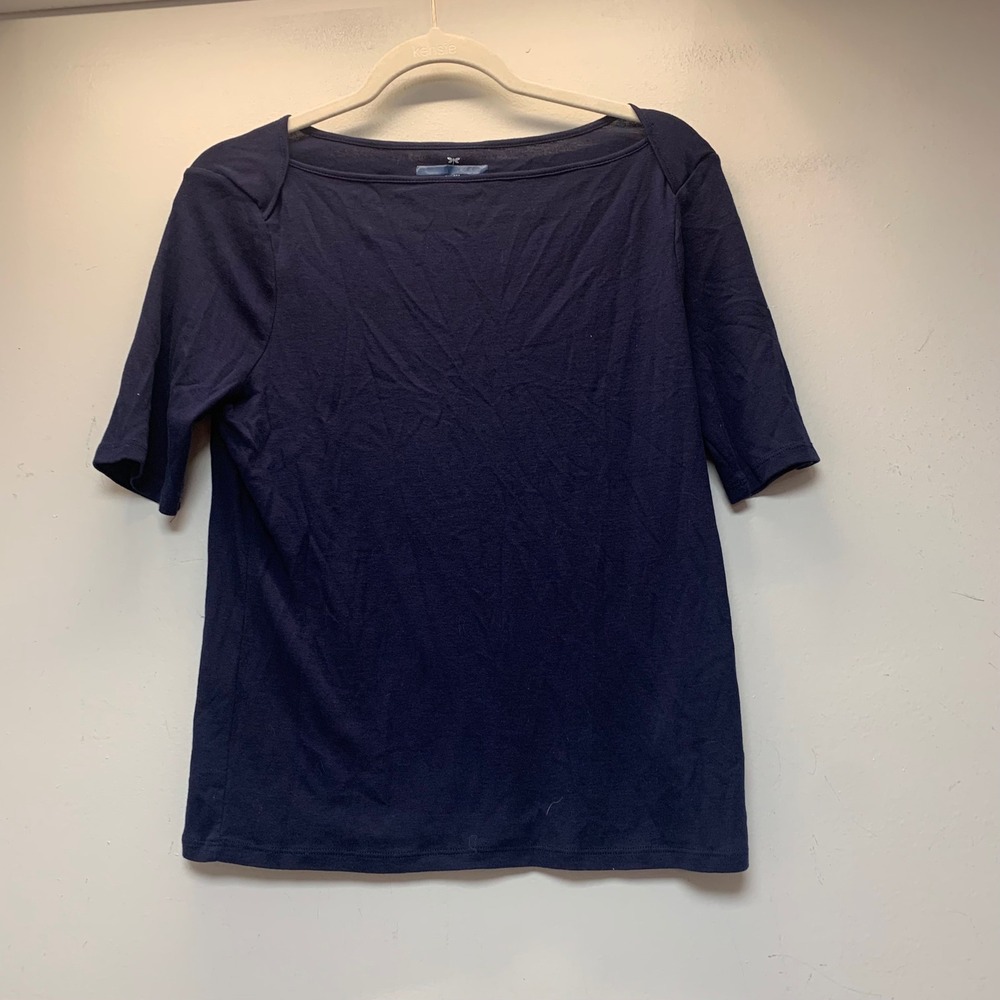 Talbots Top Women LP Navy Blue Excellent Pima Cotton Boatneck Elbow Sleeve
